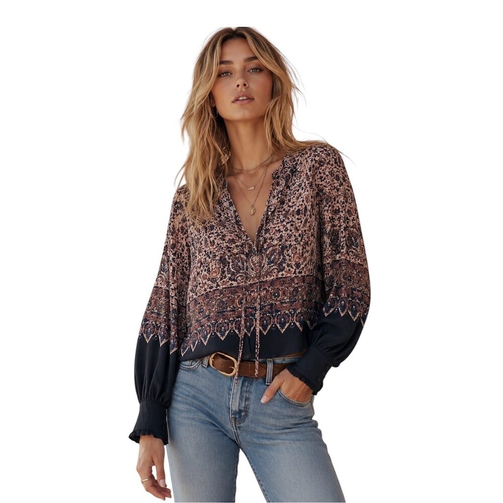 Free People Feminine Long Sleeve Paisley Whimsical Whimsigoth Cropped Top, Small
